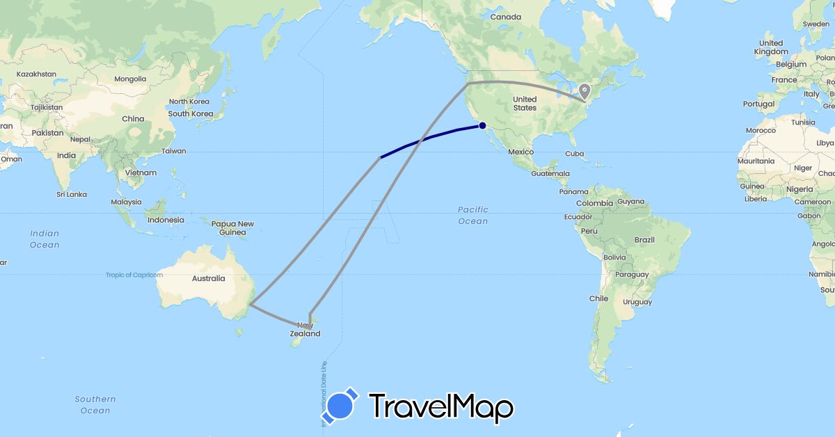 TravelMap itinerary: driving, plane in Australia, New Zealand, United States (North America, Oceania)